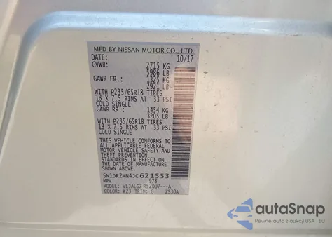 2018 Nissan Pathfinder Sl z USA, uszkodzony, nr VIN 5N1DR2MN4JC621553